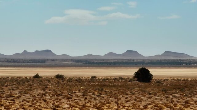 Panoramic drone view of Chott el Djerid salt lake with Atlas Mountains on the horizon. Arid desert landscape with sparse vegetation and crystalline flats in southern Tunisia, North Africa