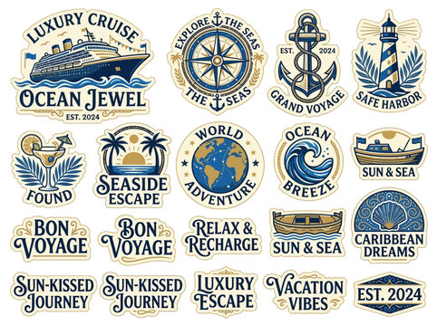 Luxury cruise vacation sticker collection for travel and adventure enthusiasts on a relaxing getaway.