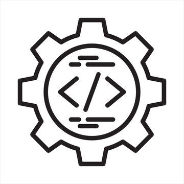 Gear with code symbols and lines icon programming software development technology computer mechanism operation function internet research analysis assurance information management