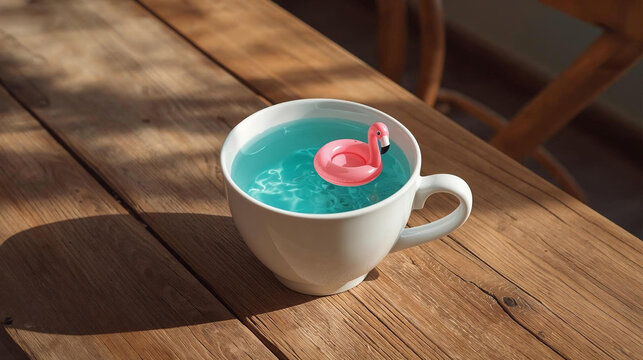 High angle shot of a white ceramic coffee mug filled with clear turquoise blue water and a tiny pink flamingo pool float swimming inside, placed on a rustic wooden table under sunlight.