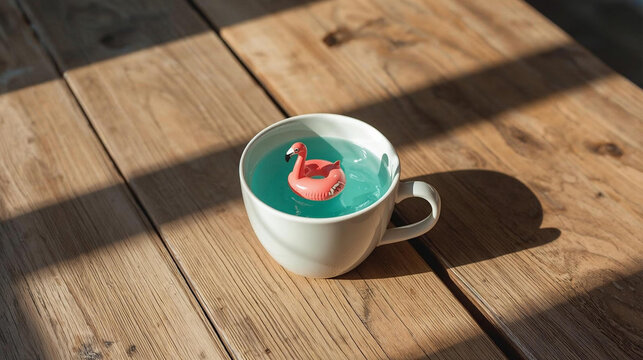 Top-down view of a white coffee cup filled with blue pool water and a pink flamingo inflatable ring toy, sitting on a wooden desk with dramatic sunlight and shadows.