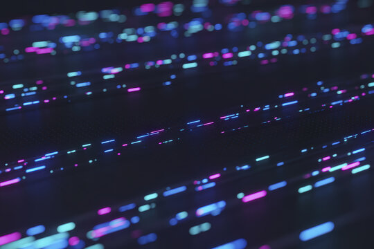 Parallel streams of vibrant glowing digital data particles flowing across a dark textured field