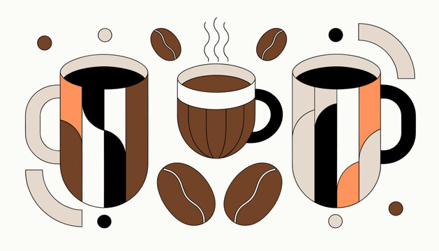 Abstract geometric illustration of three coffee cups with coffee beans and steam, showcasing a modern artistic design.