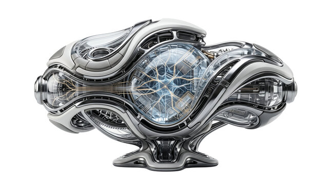 Futuristic organic engine core with glowing blue energy, complex mechanical sci-fi turbine, advanced alien technology concept with chrome and glass isolated PNG with Transparent Background