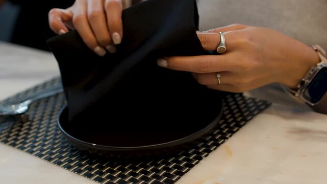 Asian Woman Putting on Black Apron at Korean Restaurant Dining Table