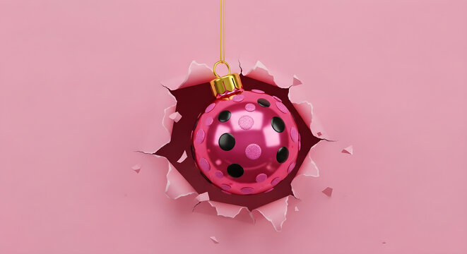 A shiny pink ladybug ornament hangs from a string through a hole