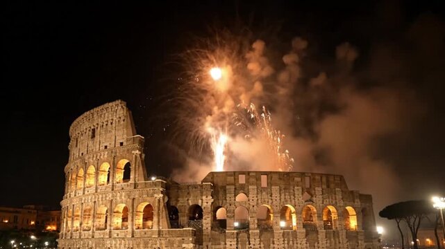 Spectacular golden fireworks display over the ancient Roman Colosseum