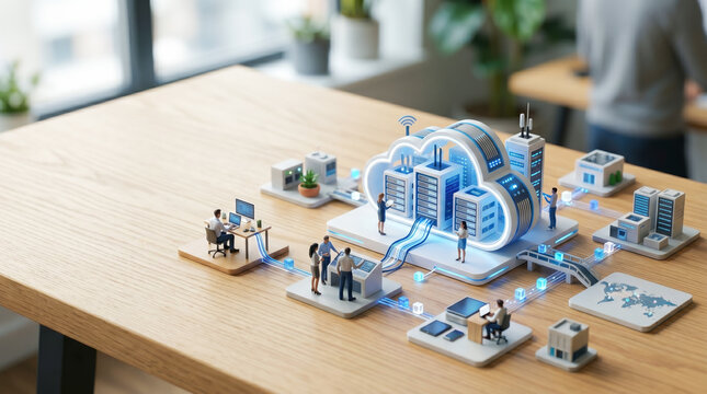 クラウドコンピューティングとデータセンターのネットワークを表現したスマートシティの3D CG