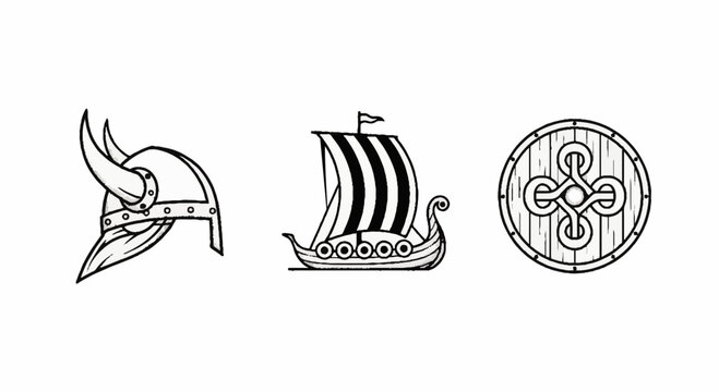 Viking warrior icons with helmet ship and shield