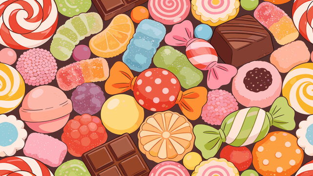 A vibrant and colorful overhead view of a diverse assortment of candies, chocolates, lollipops, and other sweet confections.