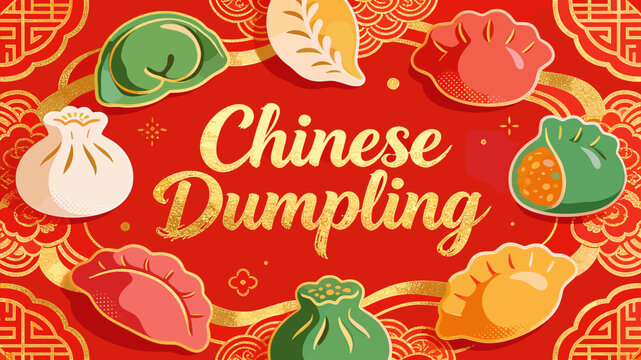 A vibrant illustration showcasing a variety of colorful Chinese dumplings arranged in a circle on a festive red background with traditional patterns.