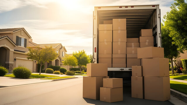 Moving Truck Unloads Cardboard Boxes on Suburban Street in Front of House