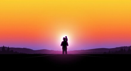 Fototapeta premium Father carrying child on shoulders looking at sunset over a landscape