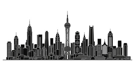Obraz premium Shanghai City Skyline Silhouette, Modern Urban Landscape Illustration