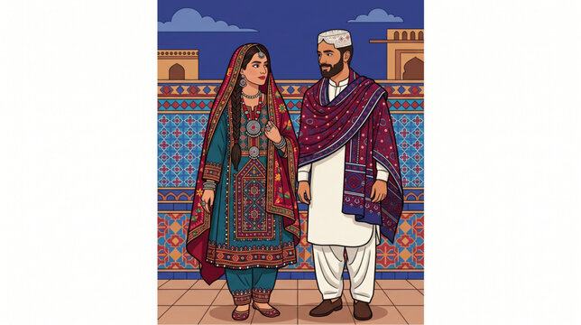 Sindhi couple in traditional ajrak attire