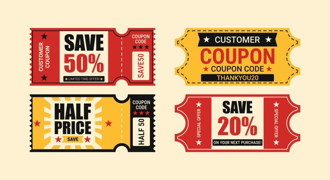 Vintage discount coupon vector set with promo codes for shopping sale