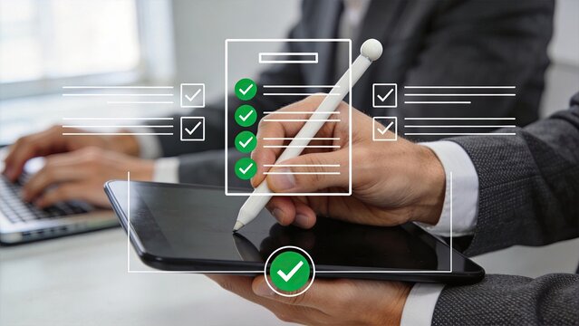 Professional completing checklist tasks on tablet with stylus, project management workflow, productivity concept, goal achievement, business planning, administrative work,