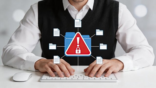 Businessman typing with digital security alert, locked files and folders warning of data breach, ransomware attack concept, cybersecurity threat protection for corporate network