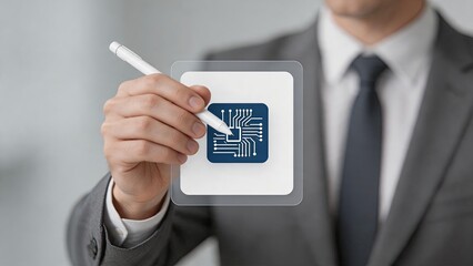 Fototapeta na wymiar Businessman in suit drawing a digital circuit board microchip icon on transparent screen, symbolizing technology innovation, semiconductor engineering, and advanced electronic