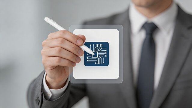 Businessman in suit drawing a digital circuit board microchip icon on transparent screen, symbolizing technology innovation, semiconductor engineering, and advanced electronic