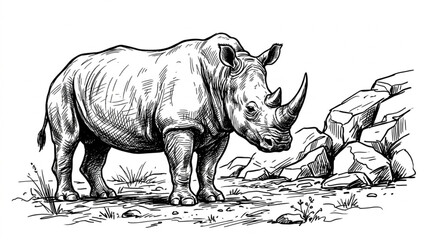 Detailed illustration of a rhinoceros standing on rocky ground. © pono
