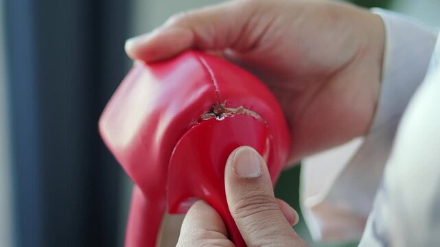 Fixing a broken red object in a home setting