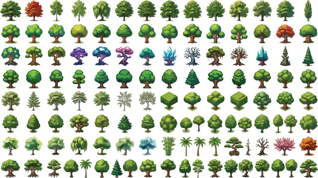 Isometric tree icons collection, stylized forest and garden vegetation set, green foliage and botanical plant vector elements for game design