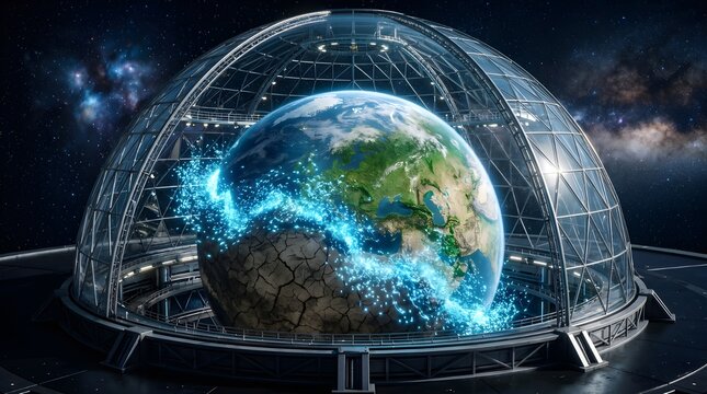 Earth planet inside a glowing digital glass dome in space