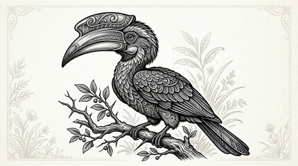 Detailed illustration of a hornbill bird perched on a branch. © pono