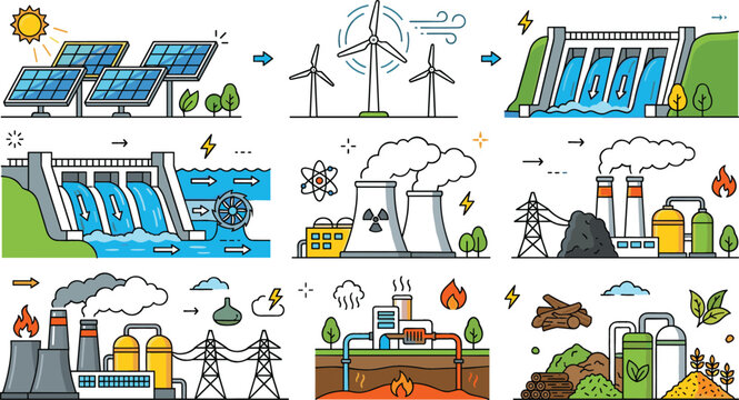 Renewable and Nonrenewable Energy Icon Set with Solar Panels Wind Turbines Hydro Dam Nuclear and Thermal Power Plants