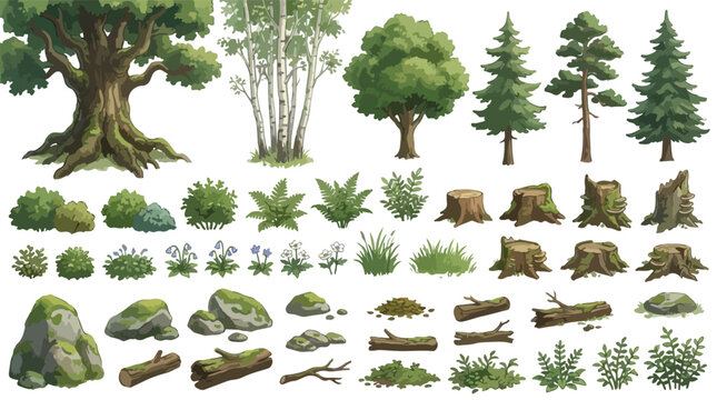 Forest nature elements collection, hand drawn watercolor style trees and plants, green woodland vegetation set with mossy rocks and tree stumps