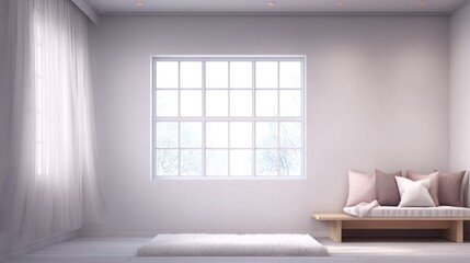 Fototapeta premium Serene interior space features soft light illuminating pale walls and simple wooden seating