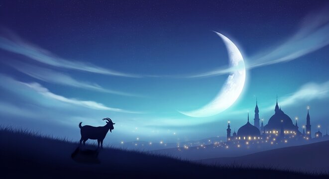 Goat silhouette standing on a grass hill at night with a large crescent moon and glowing mosque for Islamic Eid al-Adha celebration.