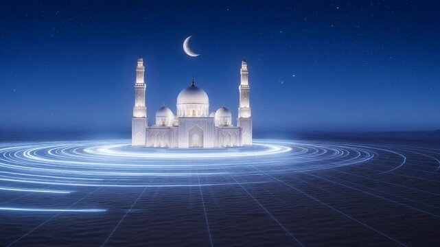 Spiritual Mosque with Glowing Blue Light Waves at Night