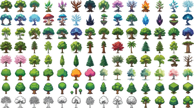Pixel art tree collection, 112 game assets set. Fantasy nature environment icons, isometric forest vegetation, 2D game design elements vector.
