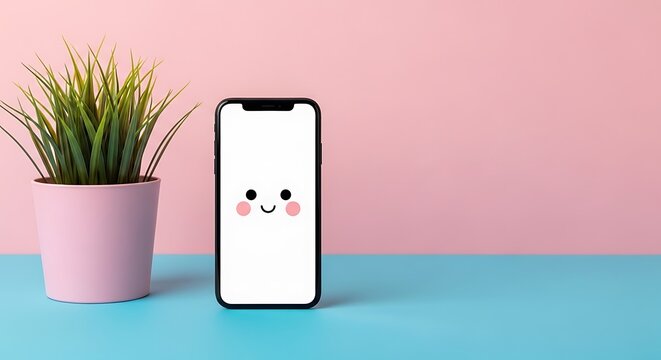 Smartphone with a cute smiling face on the screen next to a potted plant on a twotone background