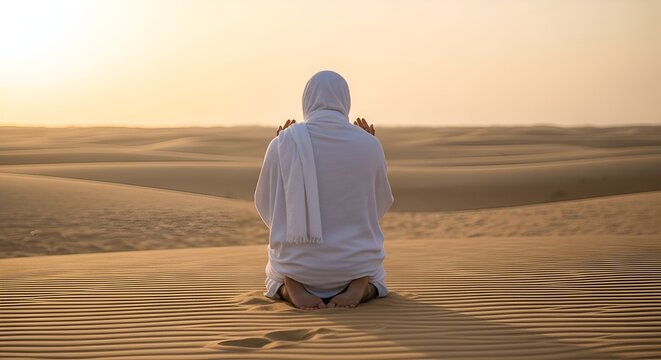 Man in white ihram praying in desert dunes at sunset, Hajj pilgrimage