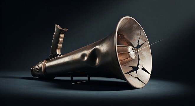 Broken megaphone, symbol of lost voice, failed communication, and silenced message