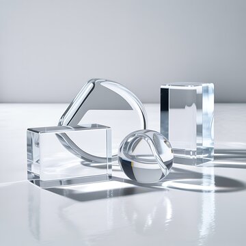 Four transparent geometric shapes including a rectangular prism, a curved triangular prism, a sphere, and another rectangular prism are arranged on a reflective white surface with soft light