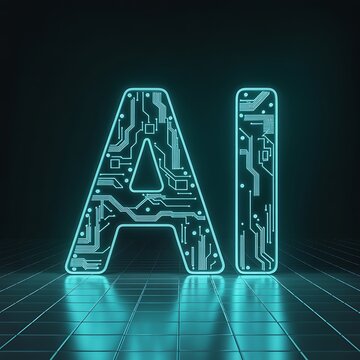 Glowing Cyan AI Letters with Integrated Circuit Board Patterns on a Reflective Grid Surface (721