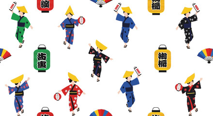 Japanese Summer Festival Seamless Pattern with Dancers © Ragat Sekolah