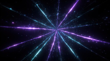 Fototapeta premium Numerous luminous energy beams radiate outward from a central point against a dark background