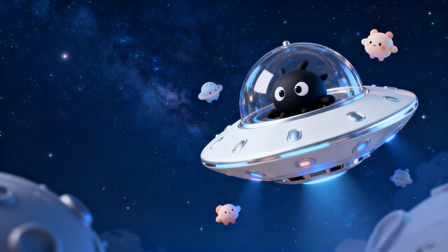 Conceptual 3D illustration of a cute black alien monster flying a glassmorphic UFO spaceship across deep starry outer space galaxy background.