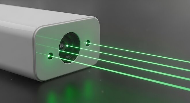 Laser level device emitting parallel green beams for construction alignment and measurement tasks in a professional studio setting high resolution...