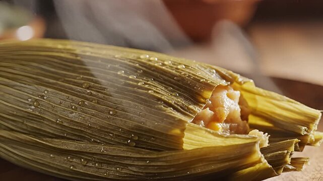 Steaming Tamale Wrapped in Corn Husk Close Up.