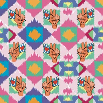 Bright and vibrant seamless patterns with beautiful textures, heart art, mobile flag designs, and colorful fabric motifs in pink, yellow, green, blue, and red, perfect for gift wrapping.
