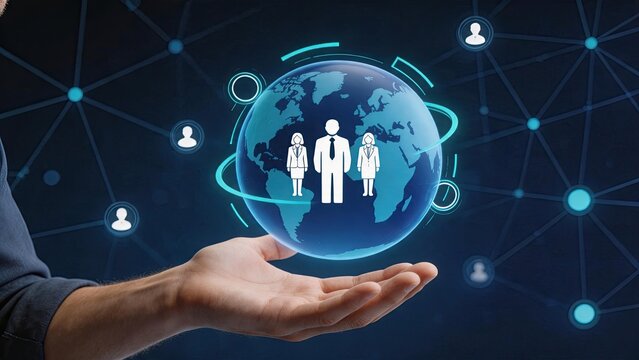 Global human resources network management concept, international team collaboration and workforce diversity with digital connection lines surrounding earth globe for corporate