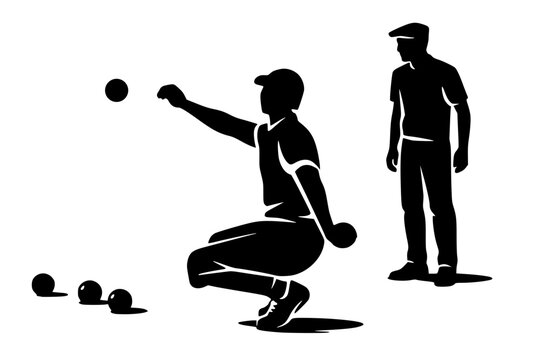 Silhouette of players competing in a petanque or bocce game. Crouching athlete throwing a metal ball with an opponent or referee watching the match