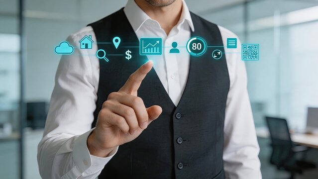 Close up of man hand touching virtual digital interface screen with icons for cloud, home, search, finance, chart, user profile, score, settings, and QR code in modern office.