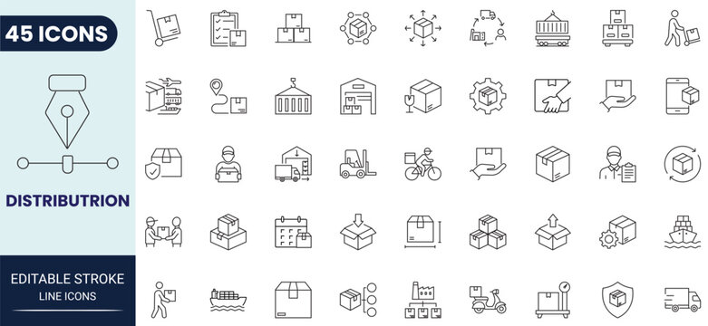 Distribution icon set in outline style. Collection of distribution, logistics, shipping, delivery, supply chain, and transport icons. Editable stroke. Vector icon collection.
